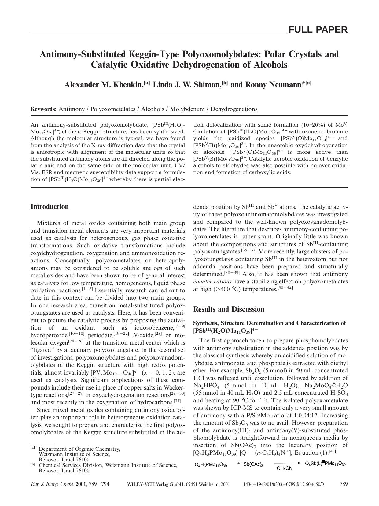 Antimony-Substituted Keggin-Type Polyoxomolybdates: Polar Crystals and Catalytic Oxidative Dehydrogenation of Alcohols by Unknown