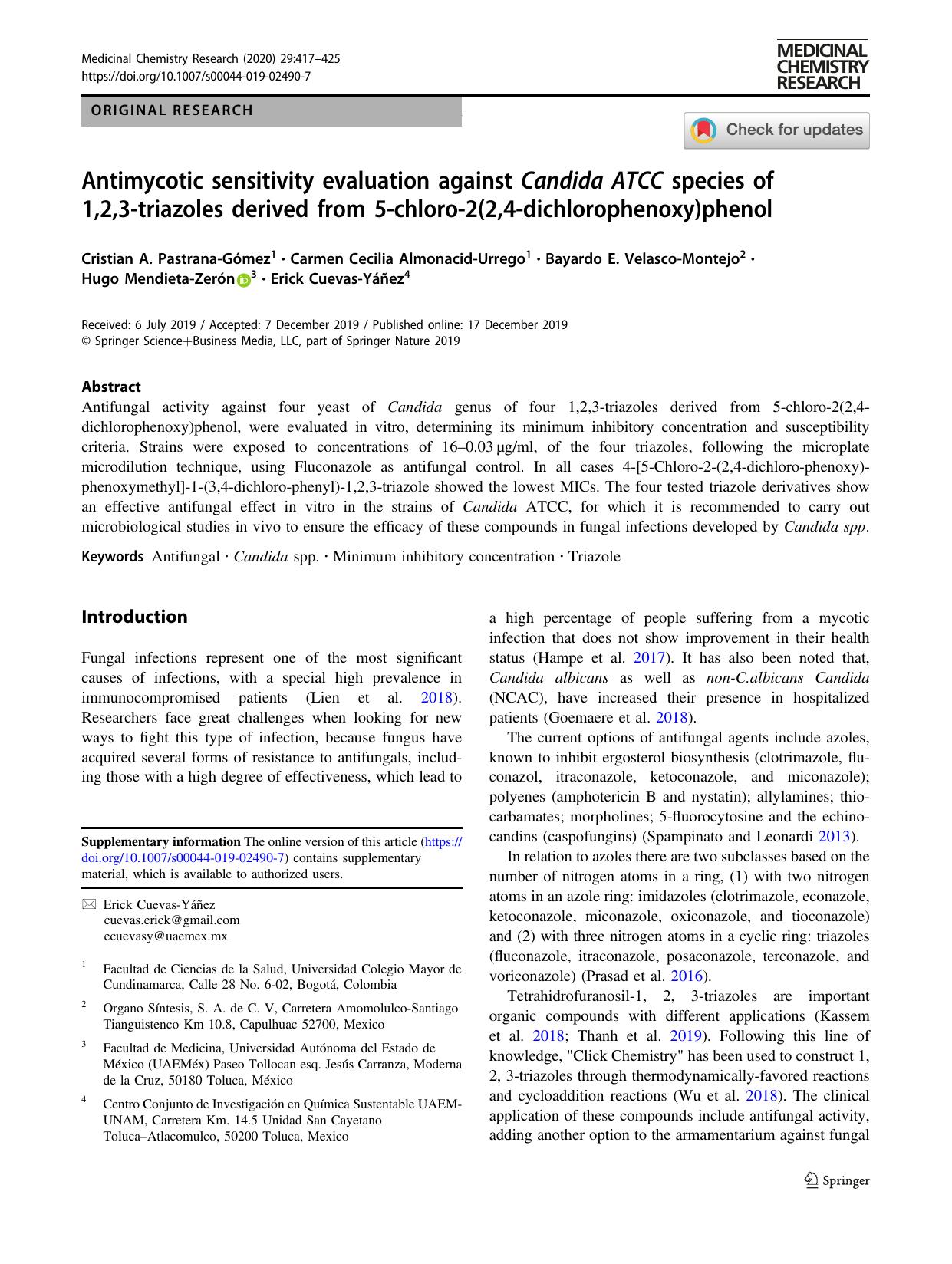 Antimycotic sensitivity evaluation against Candida ATCC species of 1,2,3-triazoles derived from 5-chloro-2(2,4-dichlorophenoxy)phenol by unknow