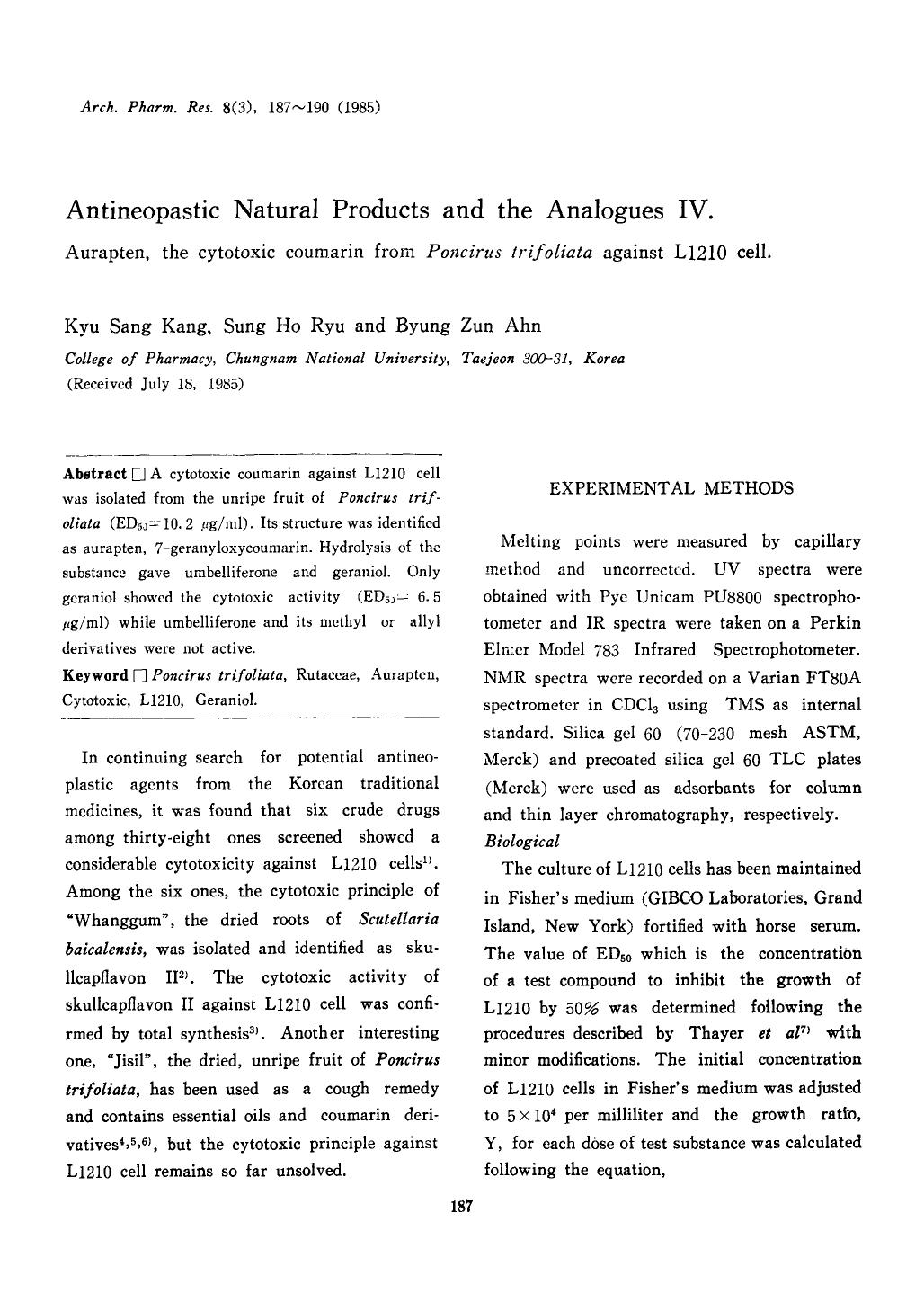 Antineopastic natural products and the analogues IV. Aurapten, the cytotoxic coumarin from <Emphasis Type="Italic">Poncirus trifoliata <Emphasis> against L1210 cell by Unknown
