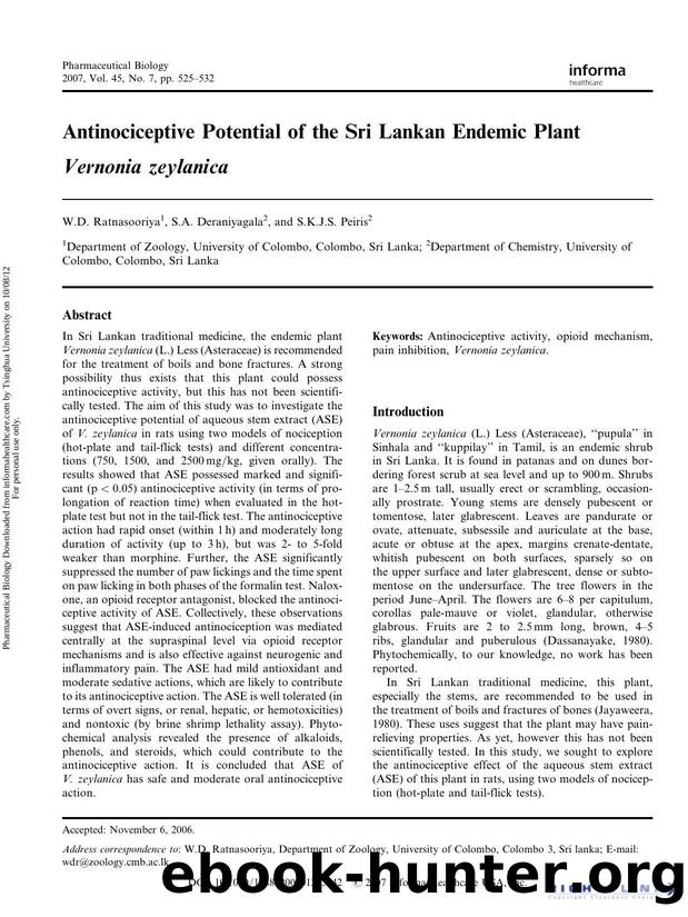 Antinociceptive Potential of the Sri Lankan Endemic Plant Vernonia zeylanica. by W.D. Ratnasooriya S.A. Deraniyagala & S.K.J.S. Peiris