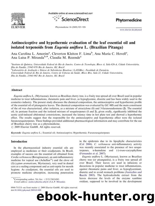 Antinociceptive and hypothermic evaluation of the leaf essential oil and isolated terpenoids from Eugenia uniflora L. (Brazilian Pitanga) by unknow