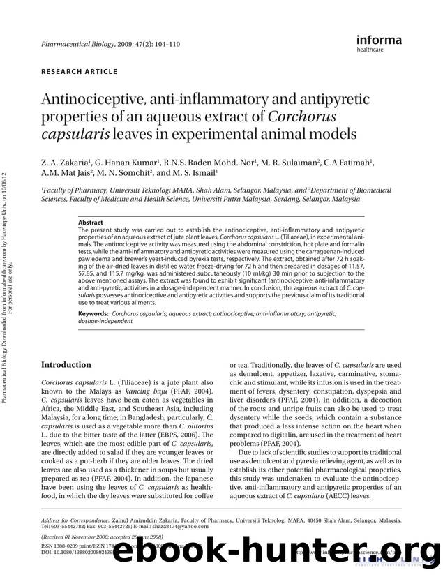 Antinociceptive, anti-inflammatory and antipyretic properties of an aqueous extract of Corchorus capsularis leaves in experimental animal models by unknow