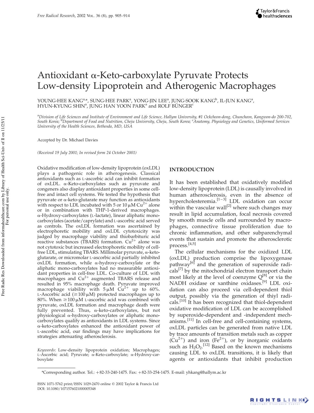 Antioxidant Î±-Keto-carboxylate Pyruvate Protects Low-density Lipoprotein and Atherogenic Macrophages by unknow