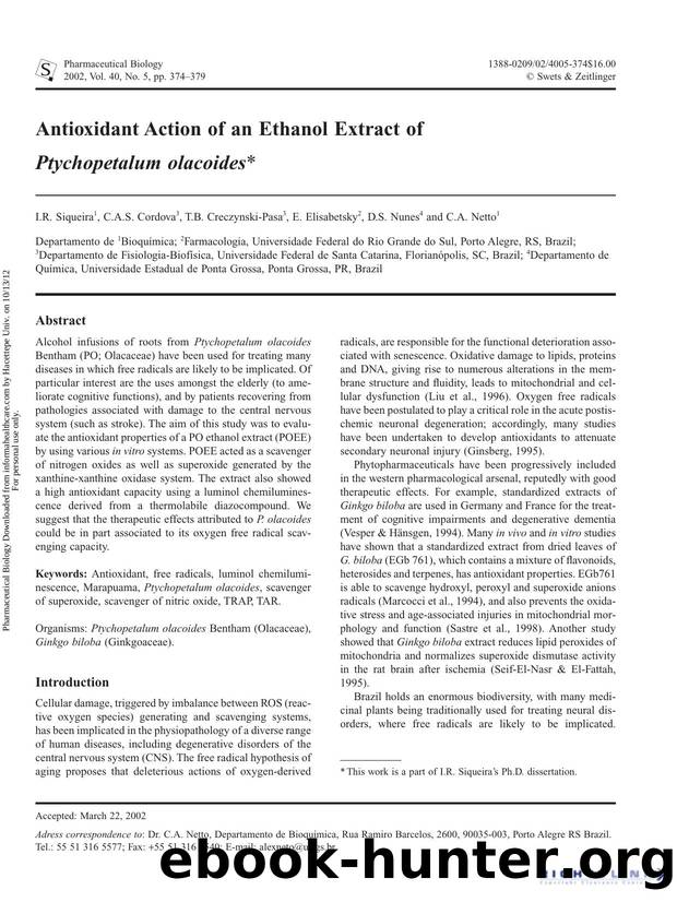 Antioxidant Action of an Ethanol Extract of Ptychopetalum olacoides by I.R. Siqueira C.A.S. Cordova T.B. Creczynski-Pasa E. Elisabetsky D.S. Nunes & C.A. Netto