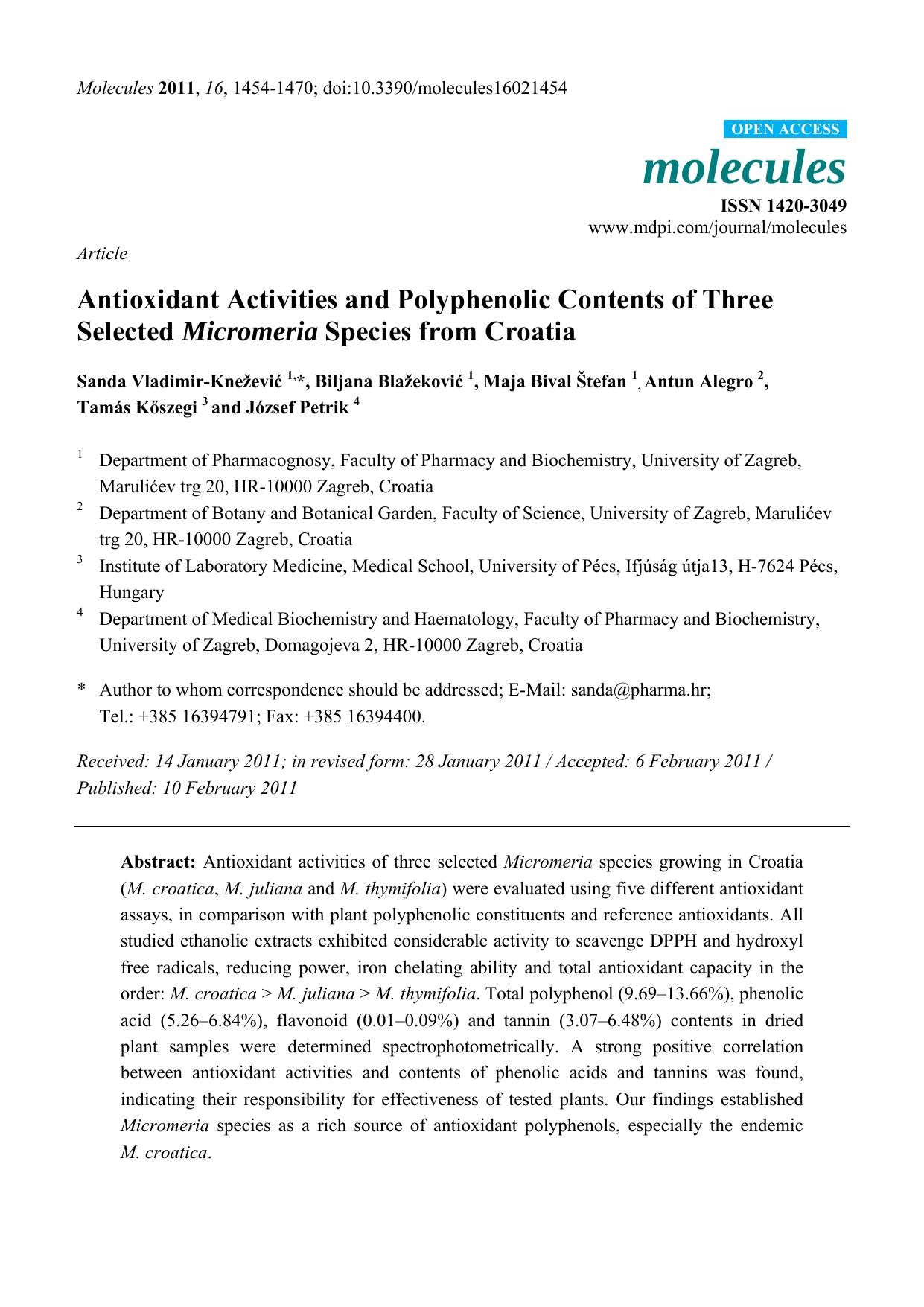 Antioxidant Activities and Polyphenolic Contents of Three Selected Micromeria Species from Croatia by unknow