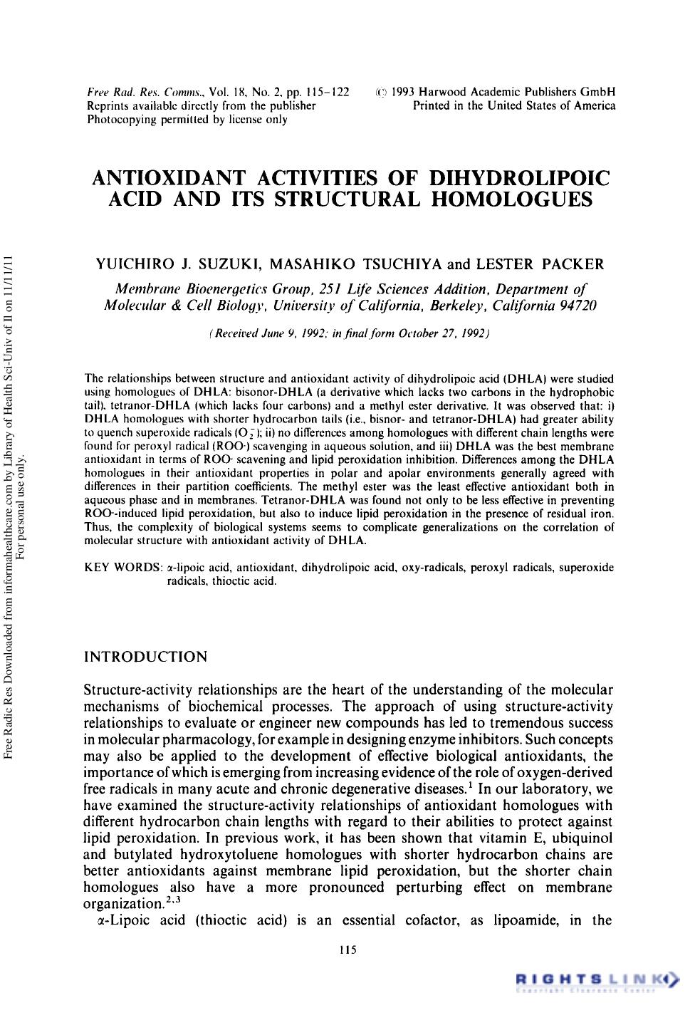 Antioxidant Activities of Dihydrolipoic Acid and its Structural Homologues by Yuichiro J. Suzuki1 Masahiko Tsuchiya1 & Lester Packer1