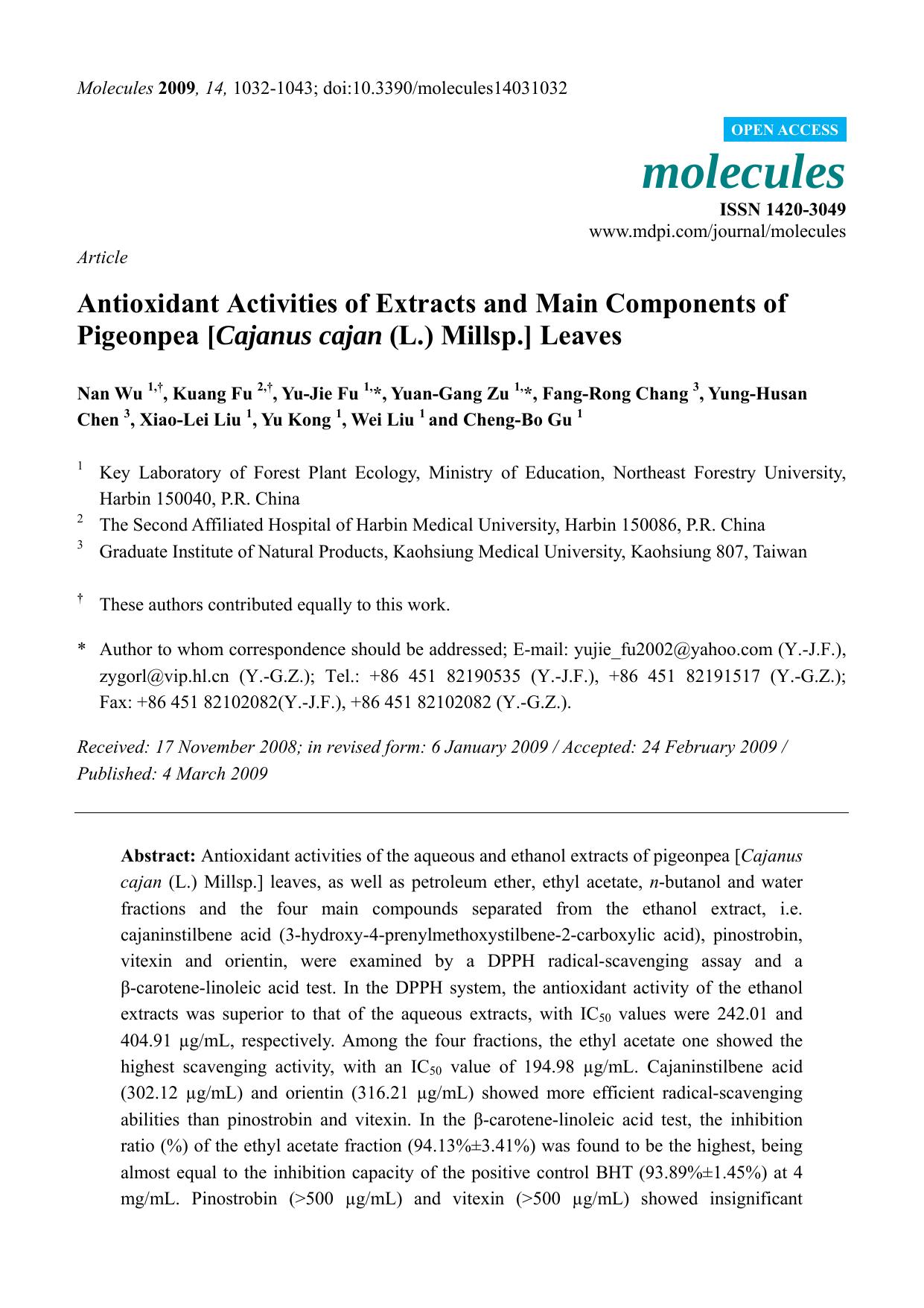 Antioxidant Activities of Extracts and Main Components of Pigeonpea [Cajanus cajan (L.) Millsp.] Leaves by unknow