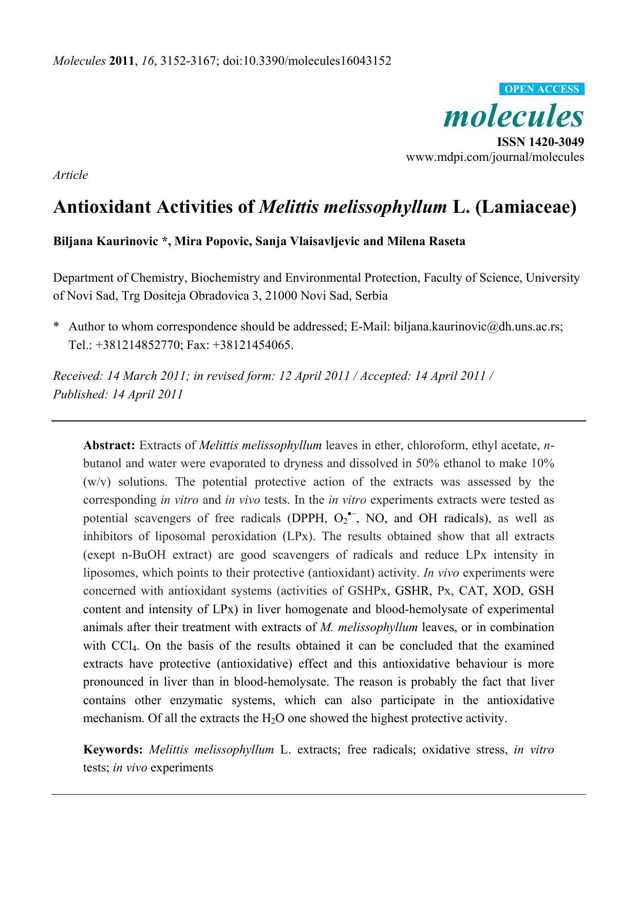 Antioxidant Activities of Melittis melissophyllum L. (Lamiaceae) by Biljana Kaurinovic * & Mira Popovic & Sanja Vlaisavljevic and Milena Raseta