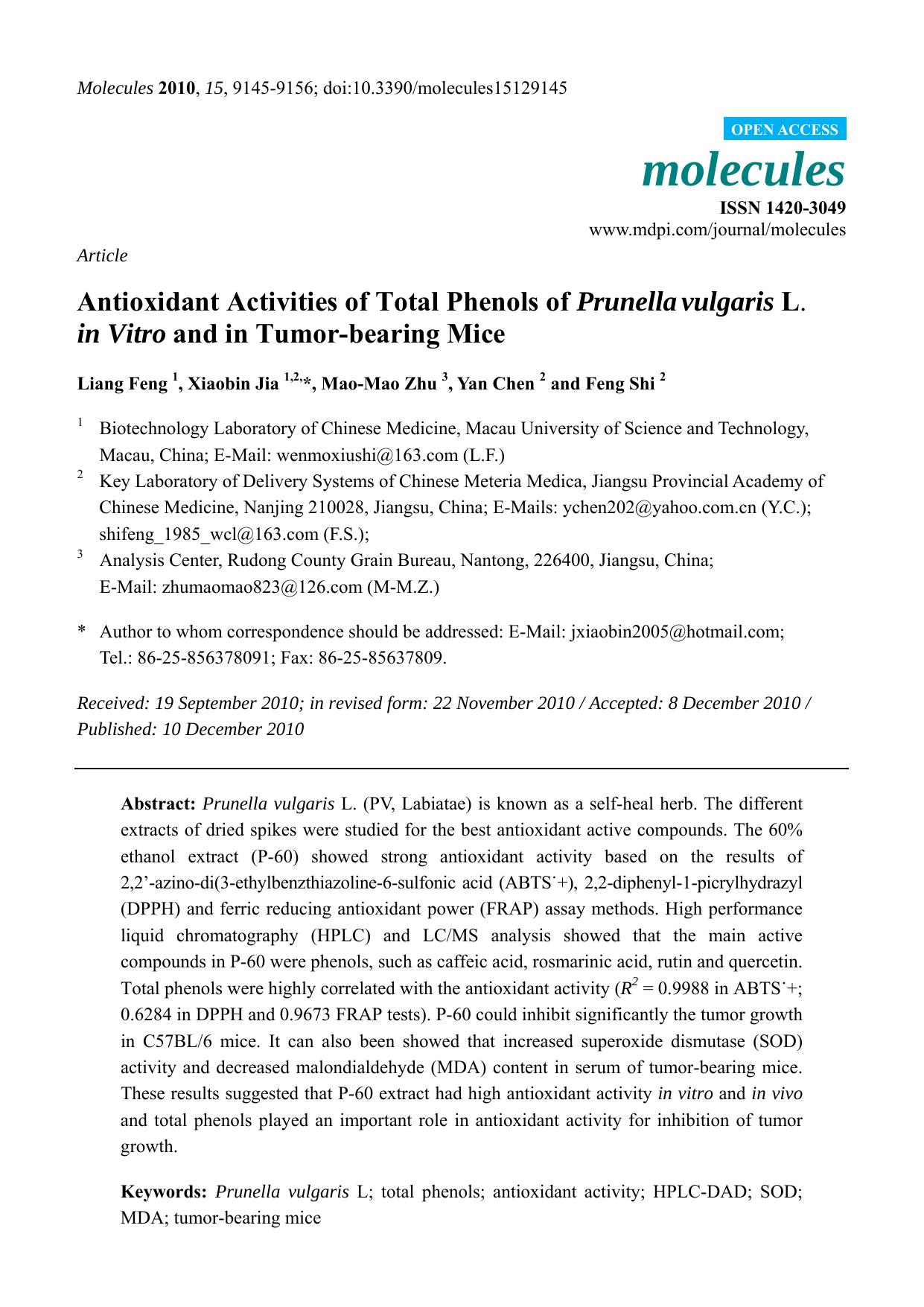 Antioxidant Activities of Total Phenols of Prunella vulgaris L. in Vitro and in Tumor-bearing Mice by Liang Feng & Xiaobin Jia & Mao-Mao Zhu & Yan Chen & Feng Shi