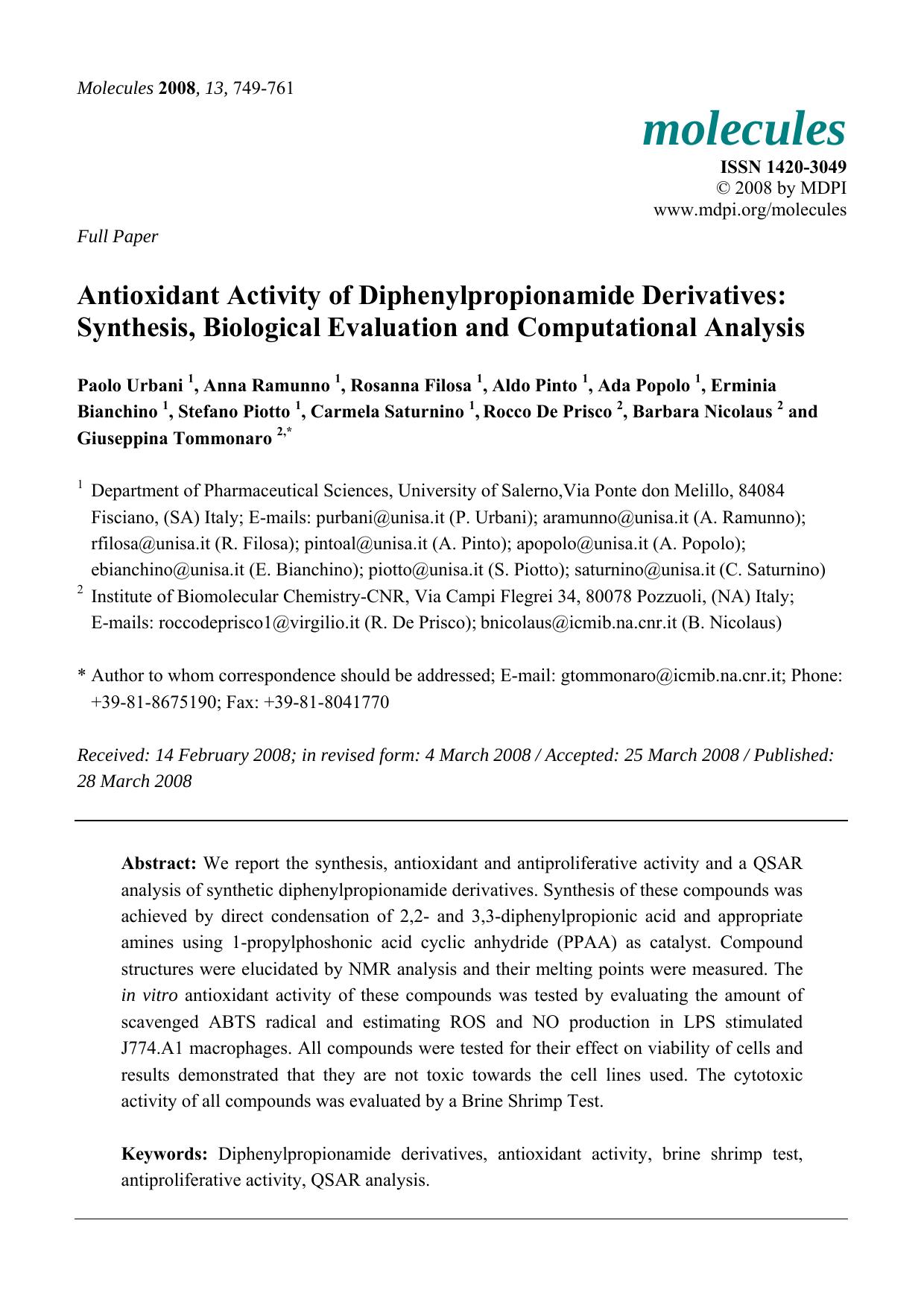 Antioxidant Activity of Diphenylpropionamide Derivatives: Synthesis, Biological Evaluation and Computational Analysis by unknow