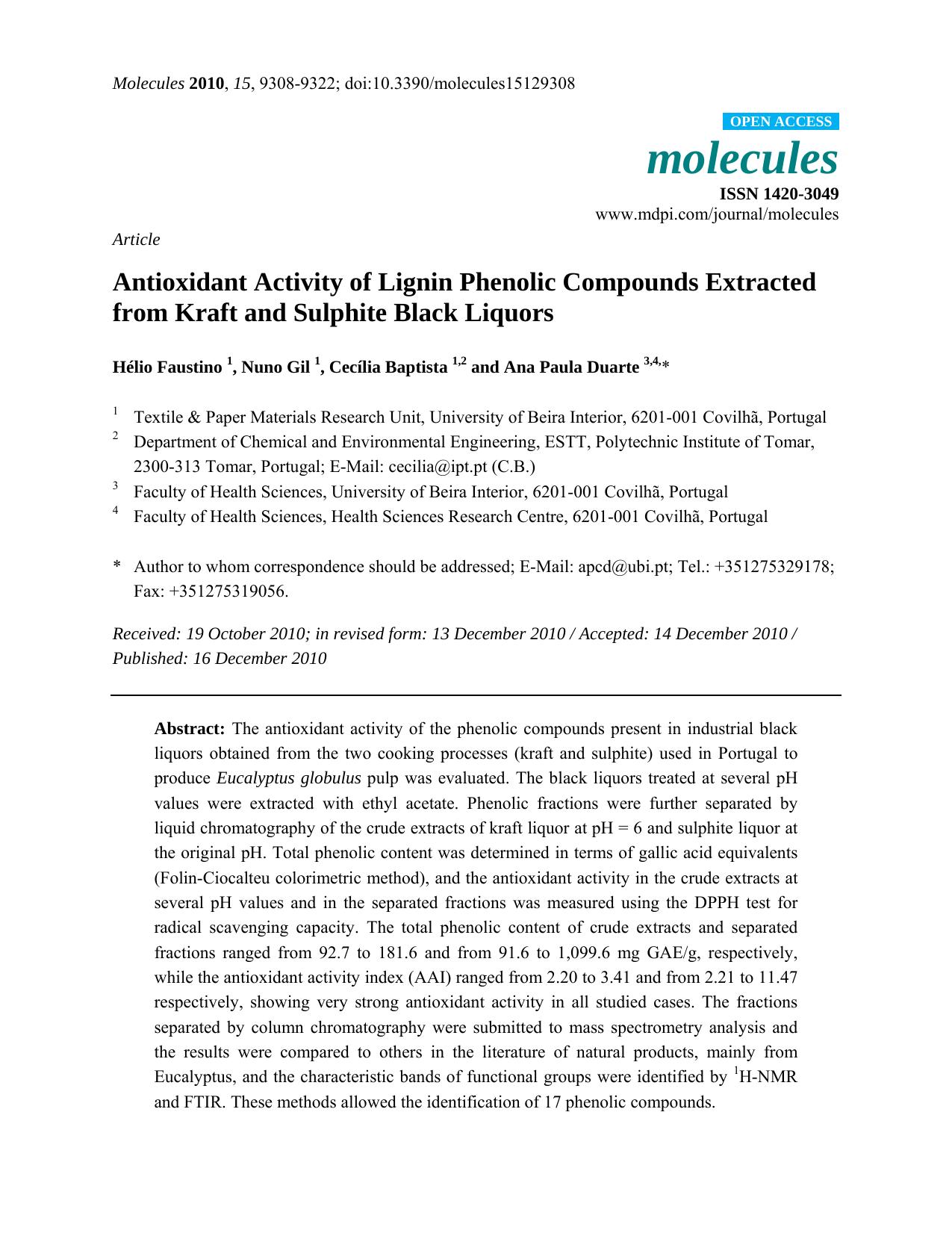 Antioxidant Activity of Lignin Phenolic Compounds Extracted from Kraft and Sulphite Black Liquors by Hélio Faustino & Nuno Gil & Cecília Baptista & Ana Paula Duarte