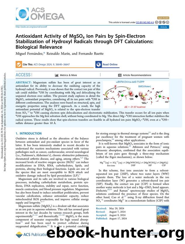 Antioxidant Activity of MgSO4 Ion Pairs by Spin-Electron Stabilization of Hydroxyl Radicals through DFT Calculations: Biological Relevance by Miguel Fernández Reinaldo Marín & Fernando Ruette