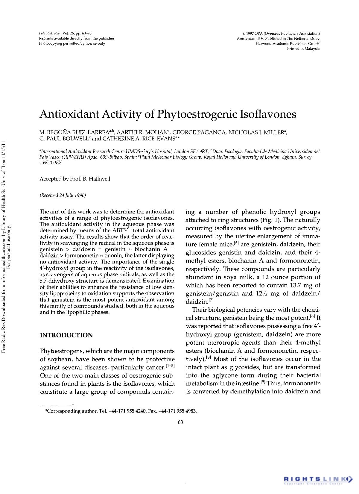 Antioxidant Activity of Phytoestrogenic Isoflavones by unknow