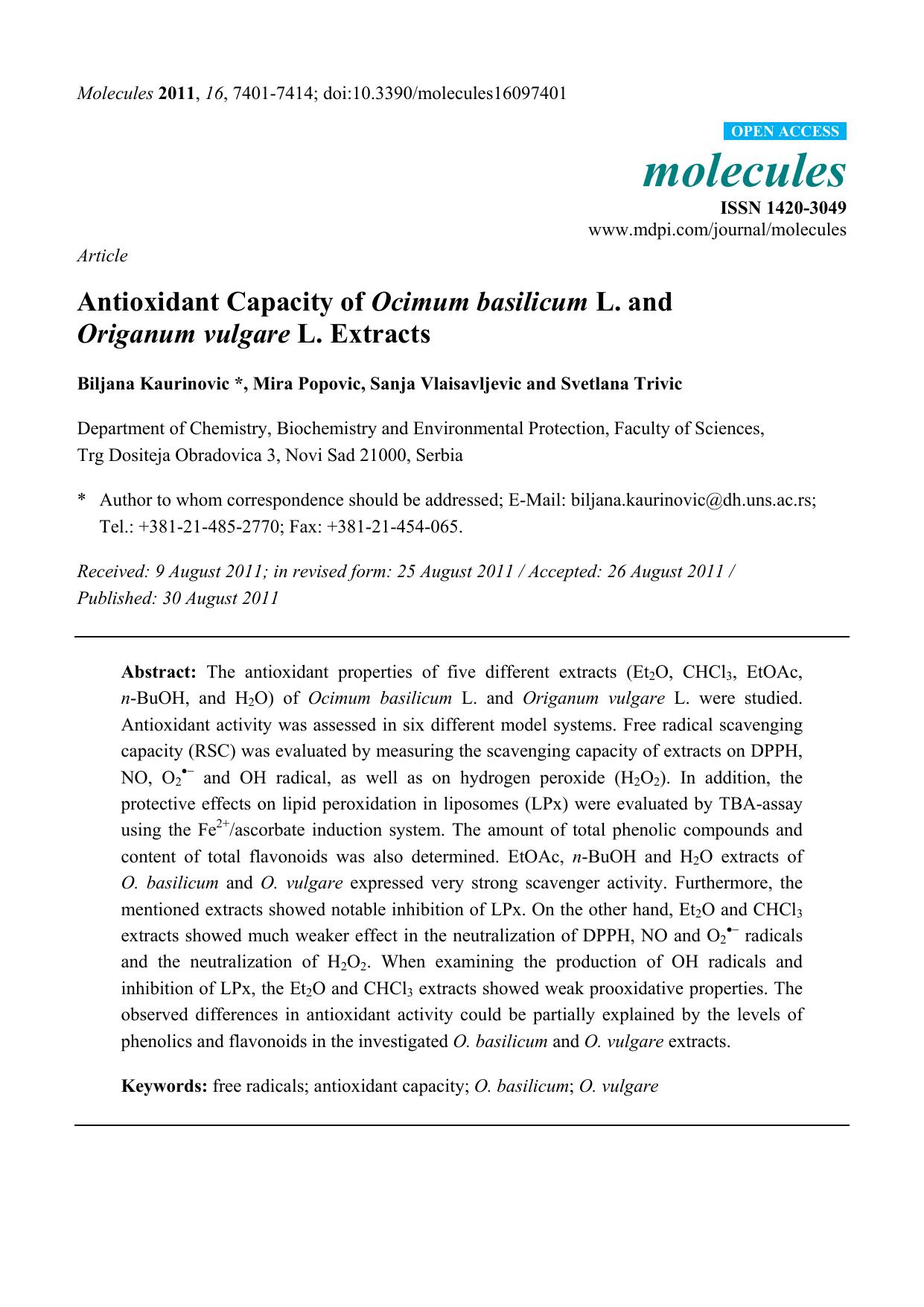 Antioxidant Capacity of Ocimum basilicum L. and Origanum vulgare L. Extracts by Biljana Kaurinovic & Mira Popovic & Sanja Vlaisavljevic & vetlana Trivic
