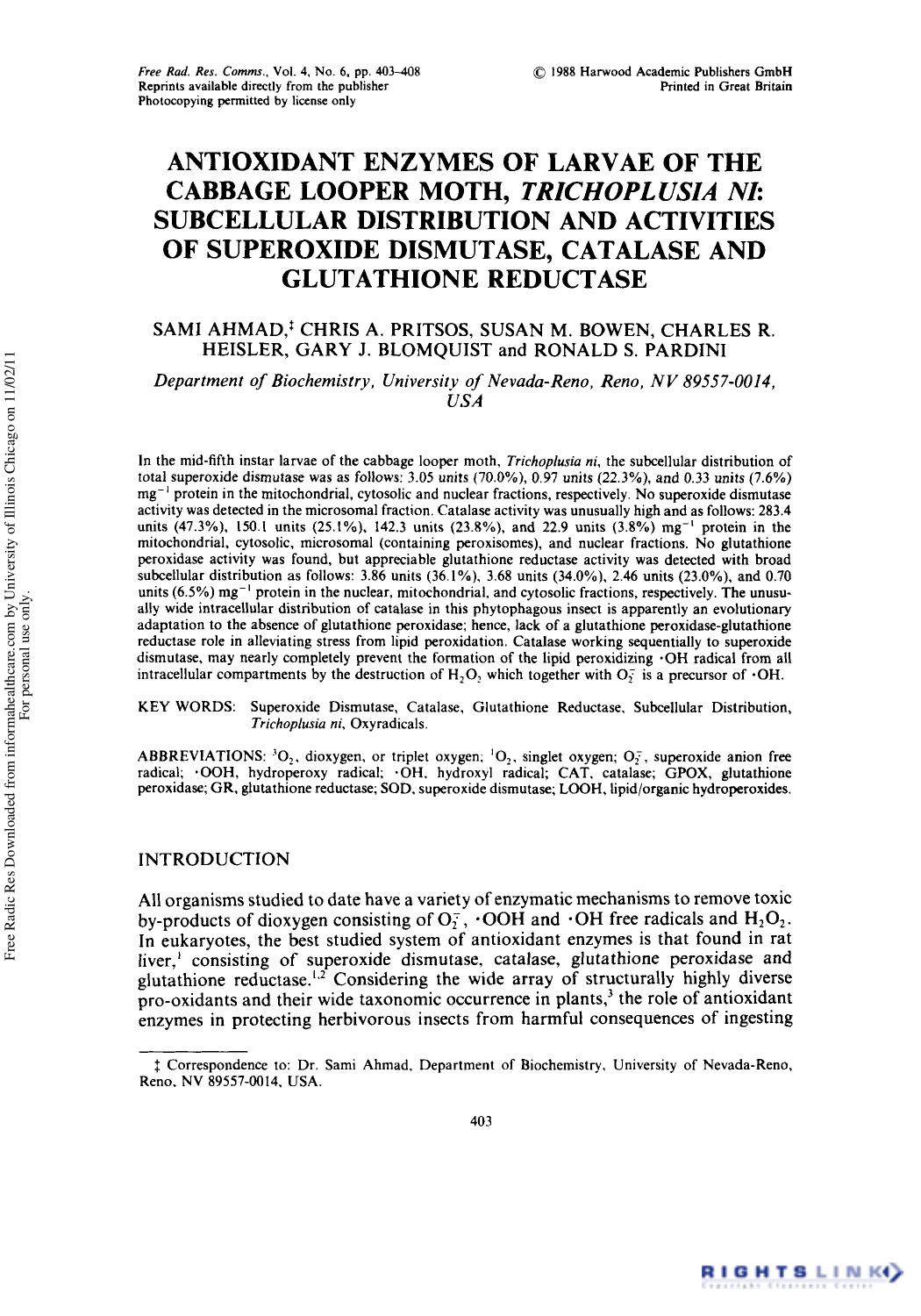 Antioxidant Enzymes of Larvae of the Cabbage Looper Moth, Trzchoplusza Ni: Subcellular Distribution and Activities of Superoxide Dismutase, Catalase and Glutathione Reductase by unknow