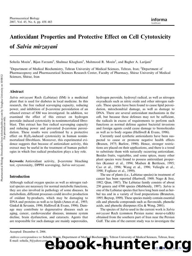 Antioxidant Properties and Protective Effect on Cell Cytotoxicity of Salvia mirzayani. by Soheila Moein Bijan Farzami Shahnaz Khaghani Mahmood R. Moein & Bagher A. Larijani
