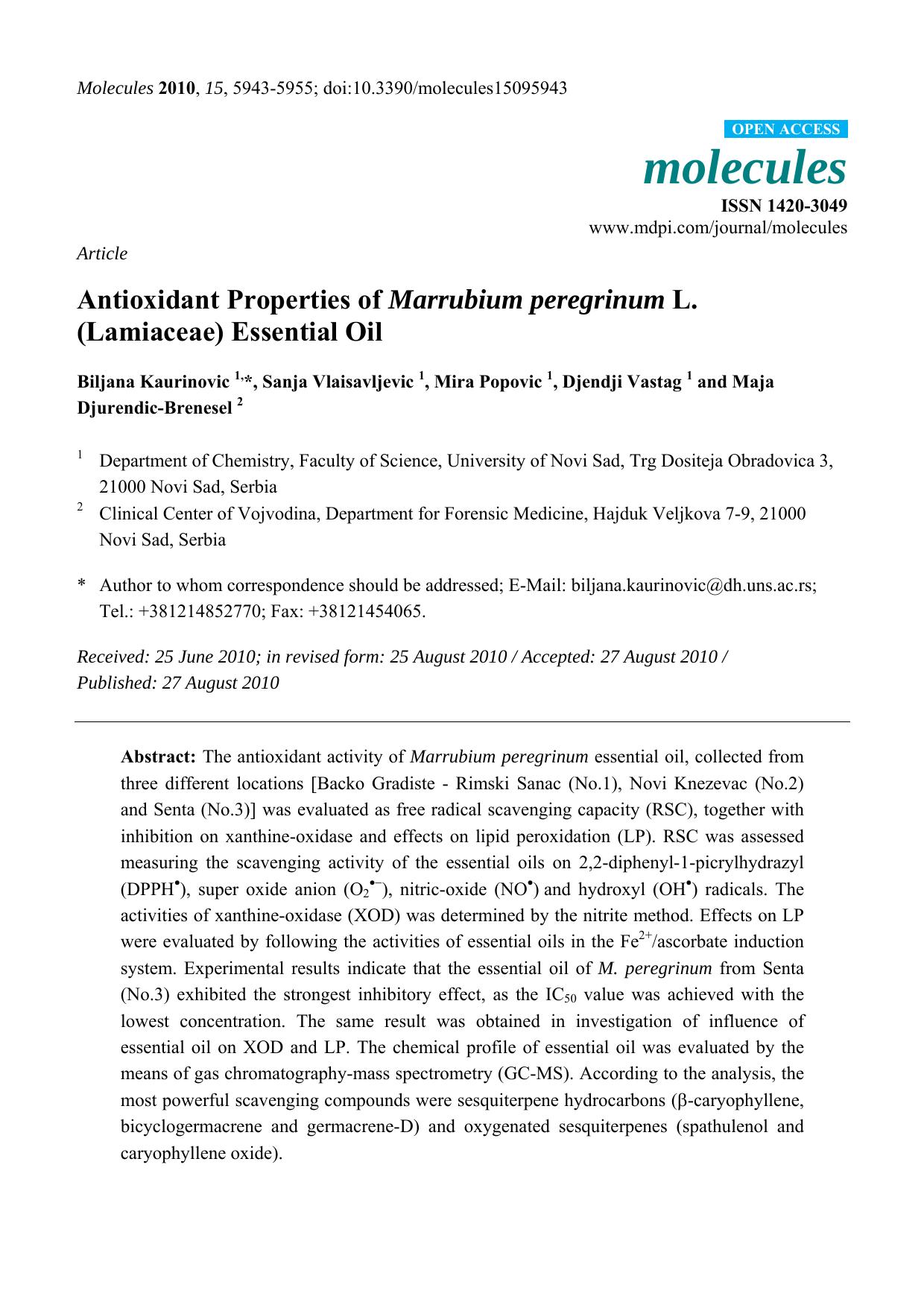 Antioxidant Properties of Marrubium peregrinum L. (Lamiaceae) Essential Oil by Biljana Kaurinovic & Sanja Vlaisavljevic & Mira Popovic & Djendji Vastag & Maja Djurendic-Brenesel