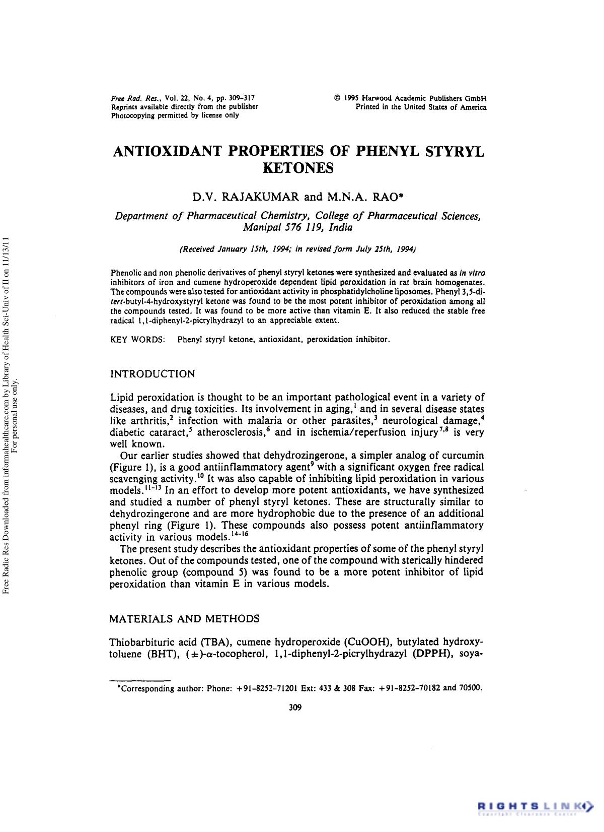 Antioxidant Properties of Phenyl Styryl Ketones by D. V. Rajakumar1 & M. N. A. Rao1†