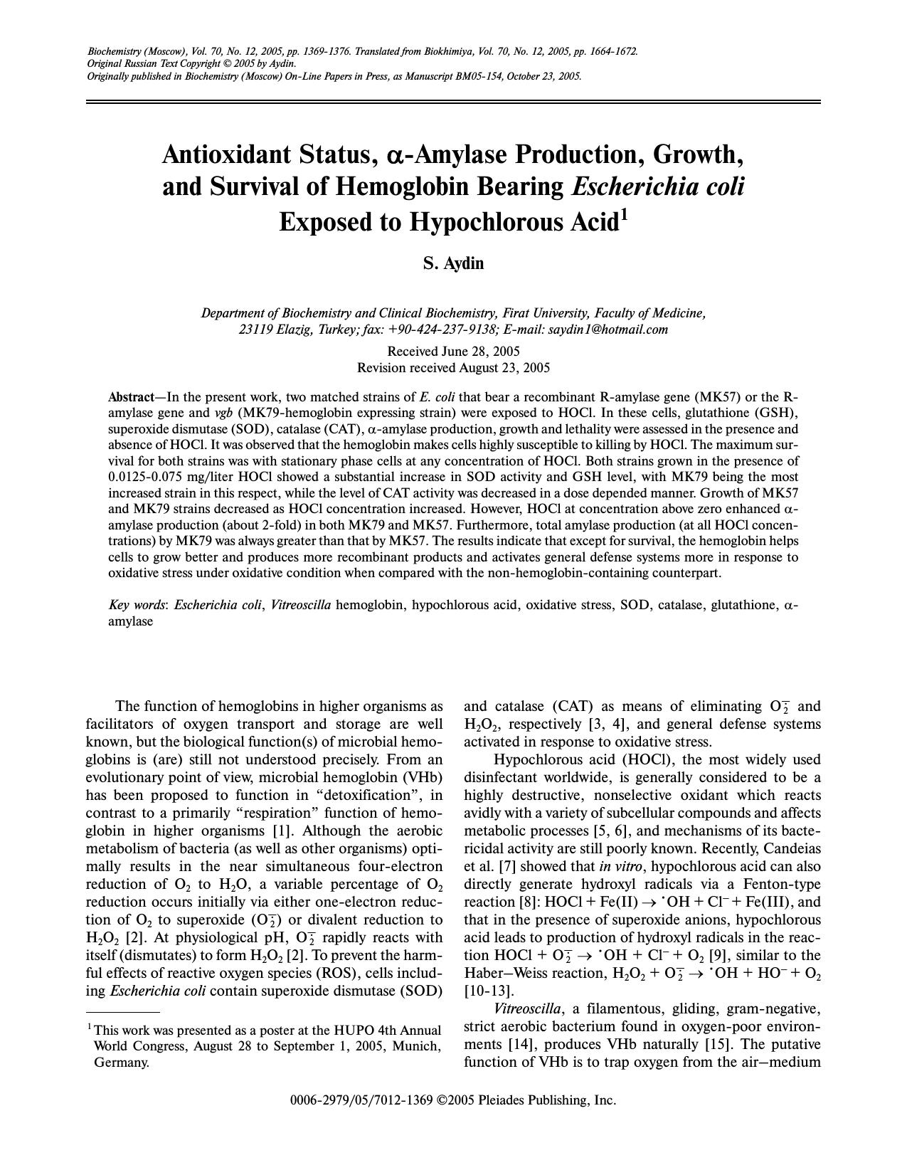 Antioxidant Status, &#x03B1;-Amylase Production, Growth, and Survival of Hemoglobin Bearing <Emphasis Type="Italic">Escherichia coli<Emphasis> Exposed to Hypochlorous Acid by Unknown