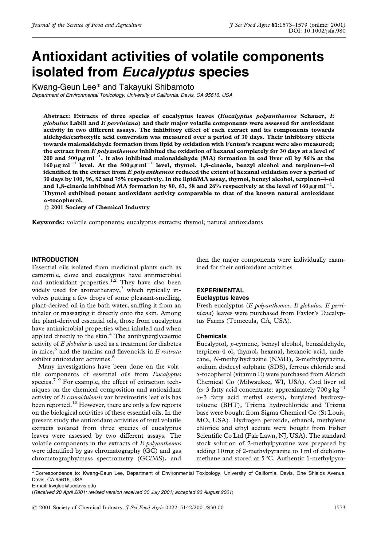 Antioxidant activities of volatile components isolated from Eucalyptus species by Unknown