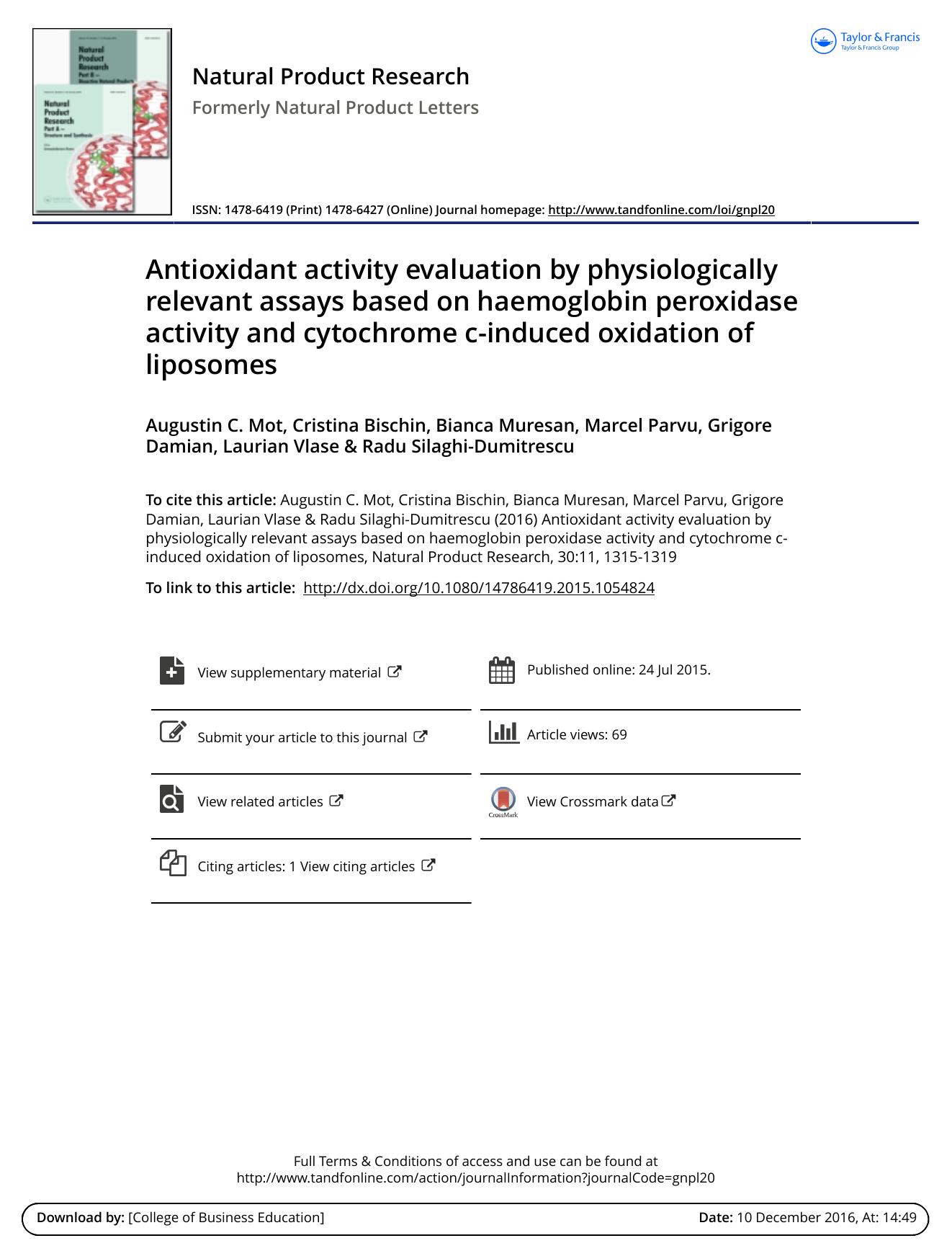 Antioxidant activity evaluation by physiologically relevant assays based on haemoglobin peroxidase activity and cytochrome c-induced oxidation of liposomes by unknow