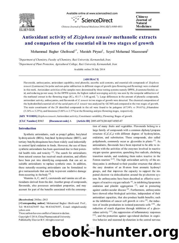 Antioxidant activity of Ziziphora tenuoir methanolic extracts and comparison of the essential oil in two stages of growth by Mohammad Bagher Gholivand & Marzieh Piryaei & Seyed Mohamad Maassoumi