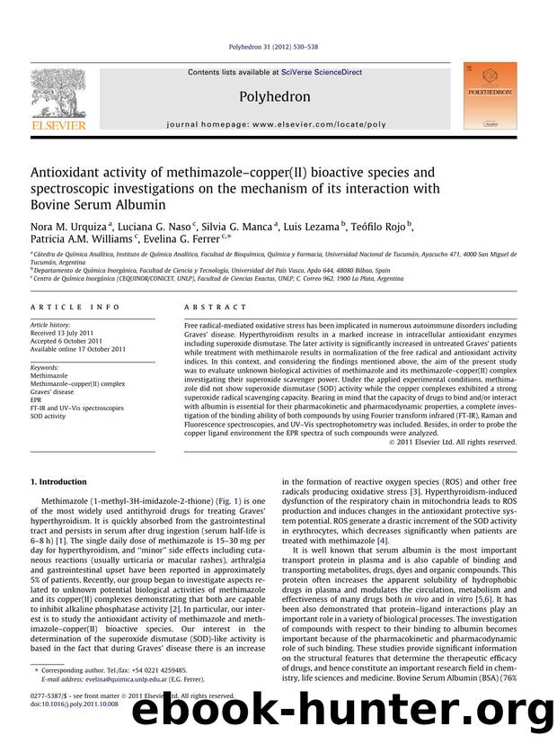 Antioxidant activity of methimazoleÃ¢â¬âcopper(II) bioactive species and spectroscopic investigations on the mechanism of its interaction with Bovine Serum Albumin by unknow