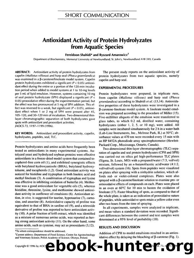 Antioxidant activity of protein hydrolyzates from aquatic species by Unknown