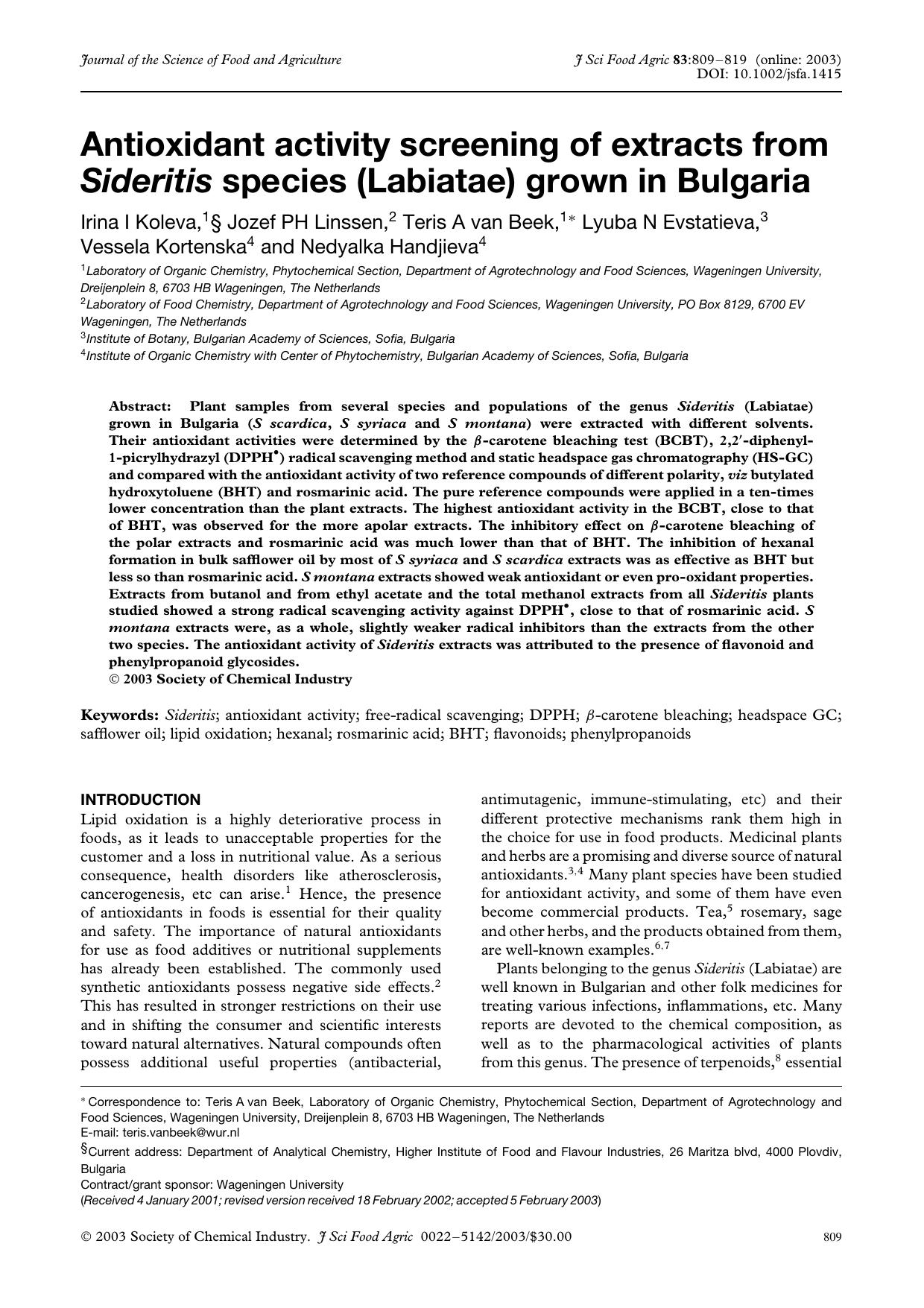 Antioxidant activity screening of extracts from Sideritis species (Labiatae) grown in Bulgaria by Unknown