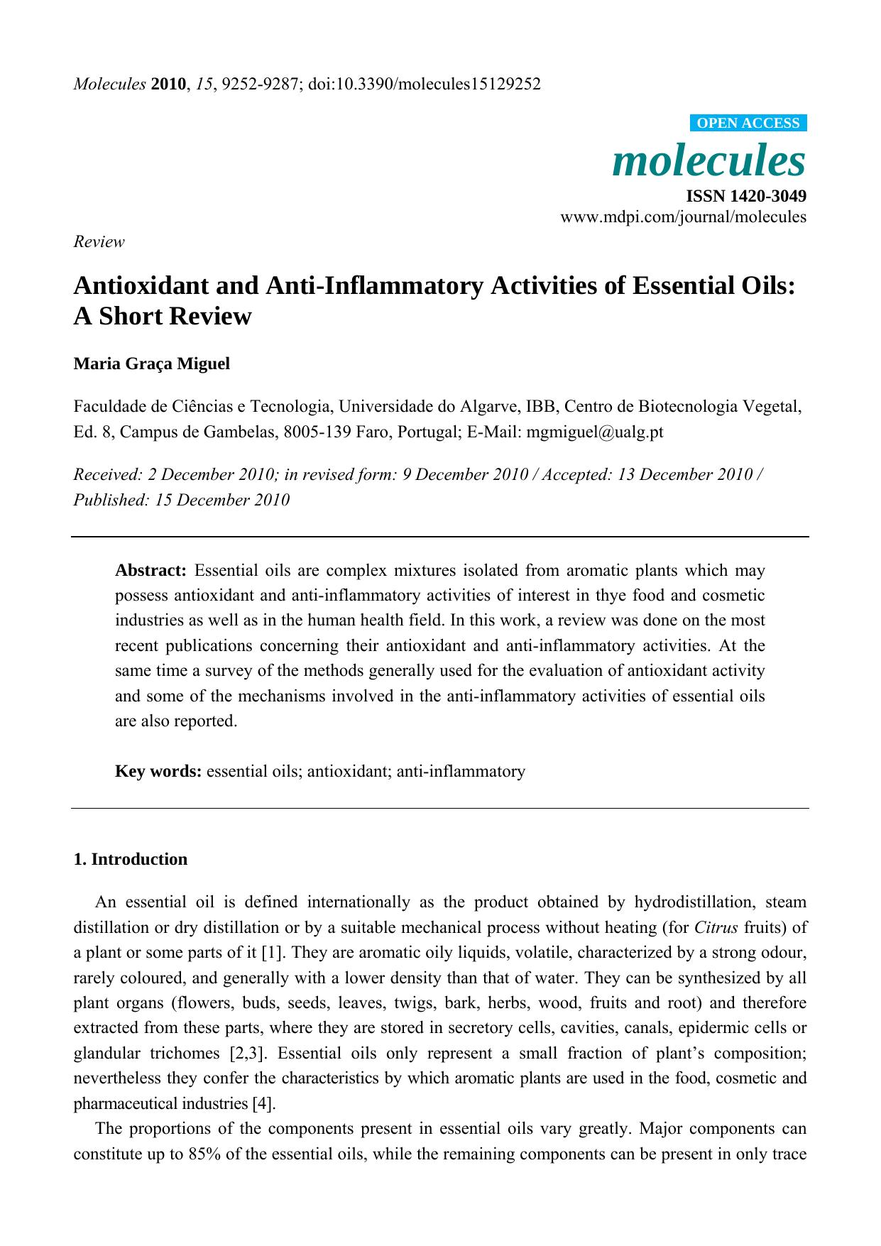 Antioxidant and Anti-Inflammatory Activities of Essential Oils: A Short Review by Maria Graça Miguel