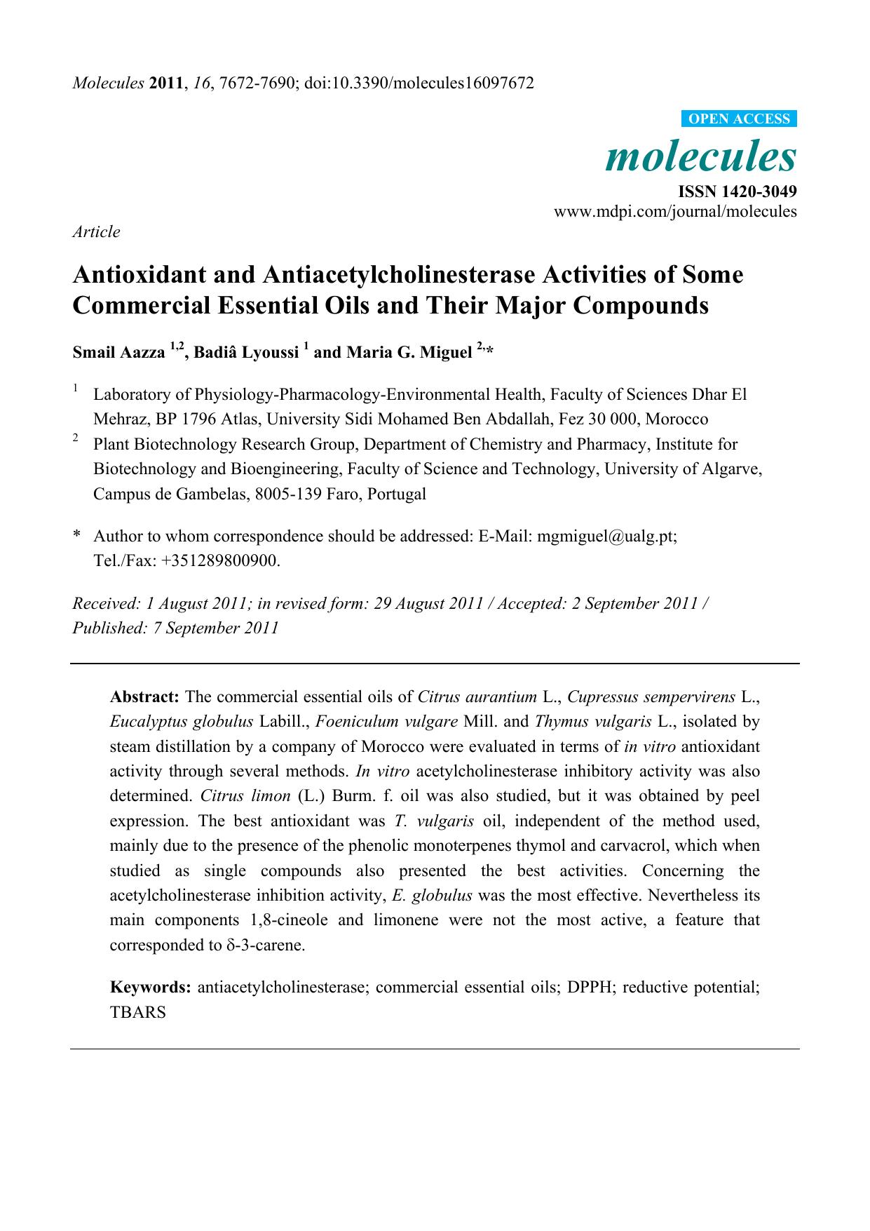 Antioxidant and Antiacetylcholinesterase Activities of Some Commercial Essential Oils and Their Major Compounds by Smail Aazza & Badiâ Lyoussi & Maria G. Miguel