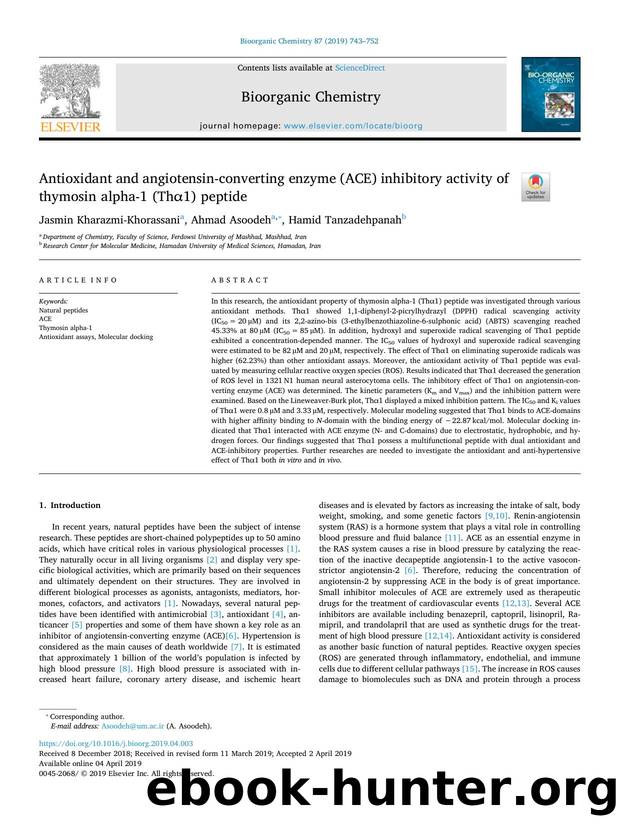 Antioxidant and angiotensin-converting enzyme (ACE) inhibitory activity of thymosin alpha-1 (ThÎ±1) peptide by Jasmin Kharazmi-Khorassani & Ahmad Asoodeh & Hamid Tanzadehpanah