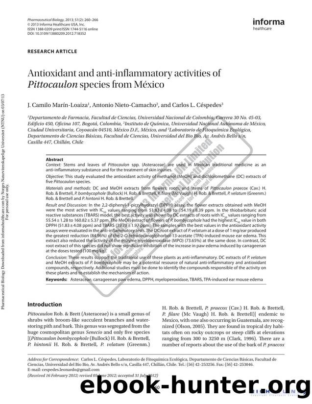 Antioxidant and anti-inflammatory activities of Pittocaulon species from México by J. Camilo Marín-Loaiza Antonio Nieto-Camacho & Carlos L. Céspedes