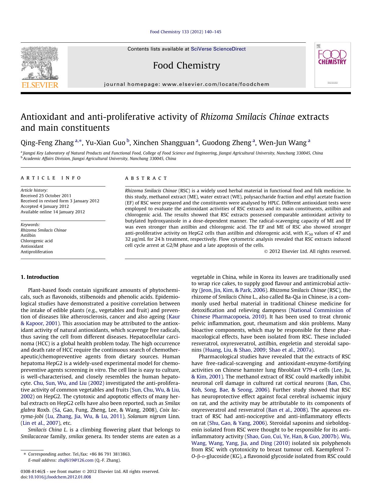Antioxidant and anti-proliferative activity of Rhizoma Smilacis Chinae extracts and main constituents by Qing-Feng Zhang & Yu-Xian Guo & Xinchen Shangguan & Guodong Zheng & Wen-Jun Wang