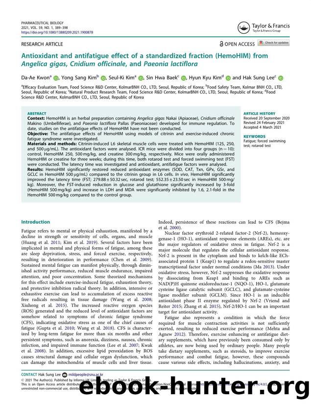 Antioxidant and antifatigue effect of a standardized fraction (HemoHIM) from Angelica gigas, Cnidium officinale, and Paeonia lactiflora by Kwon Da-Ae & Kim Yong Sang & Kim Seul-Ki & Baek Sin Hwa & Kim Hyun Kyu & Lee Hak Sung