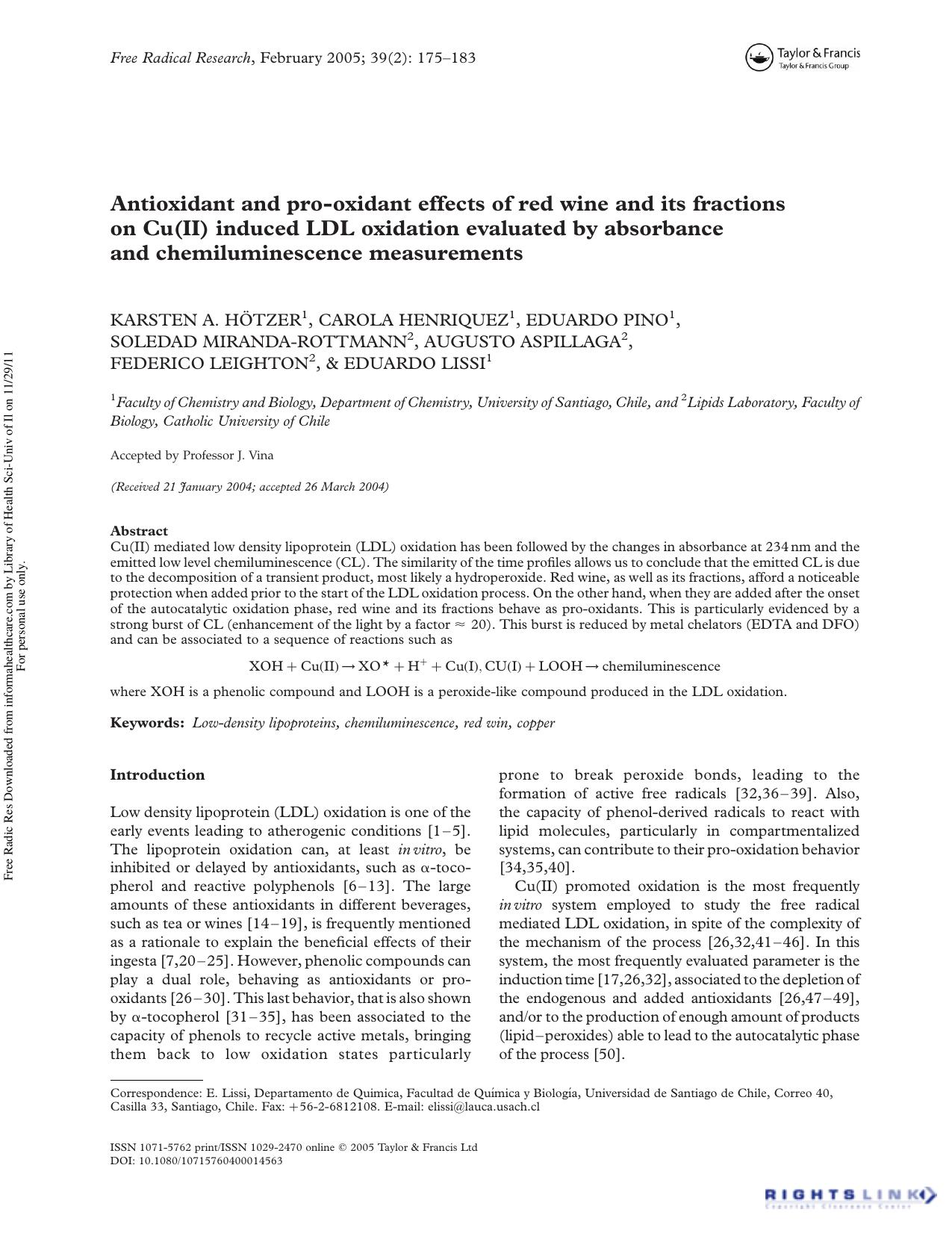 Antioxidant and pro-oxidant effects of red wine and its fractions on Cu(II) induced LDL oxidation evaluated by absorbance and chemiluminescence measurements by unknow