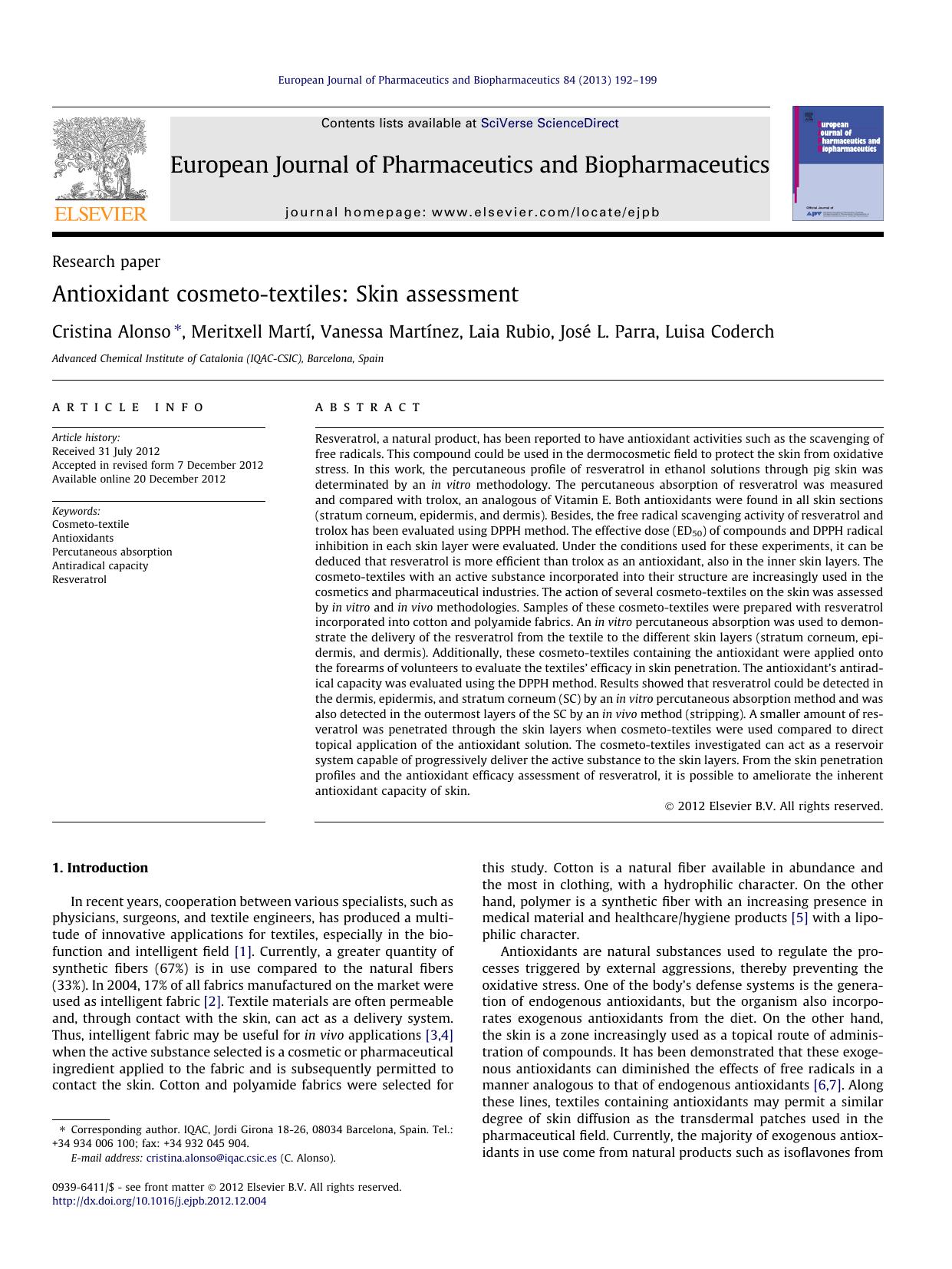 Antioxidant cosmeto-textiles: Skin assessment by Cristina Alonso & Meritxell Martí & Vanessa Martínez & Laia Rubio & José L. Parra & Luisa Coderch