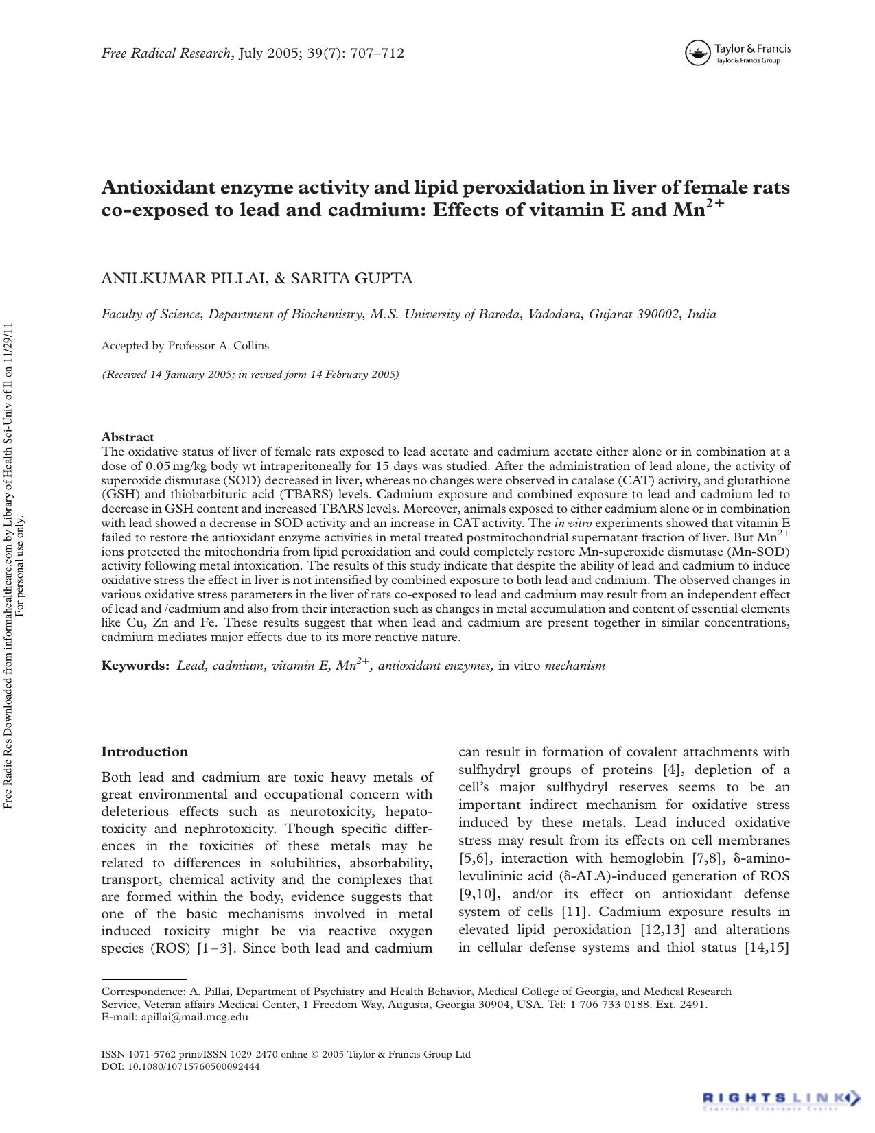 Antioxidant enzyme activity and lipid peroxidation in liver of female rats co-exposed to lead and cadmium: Effects of vitamin E and Mn2+ by Anilkumar Pillai & Sarita Gupta