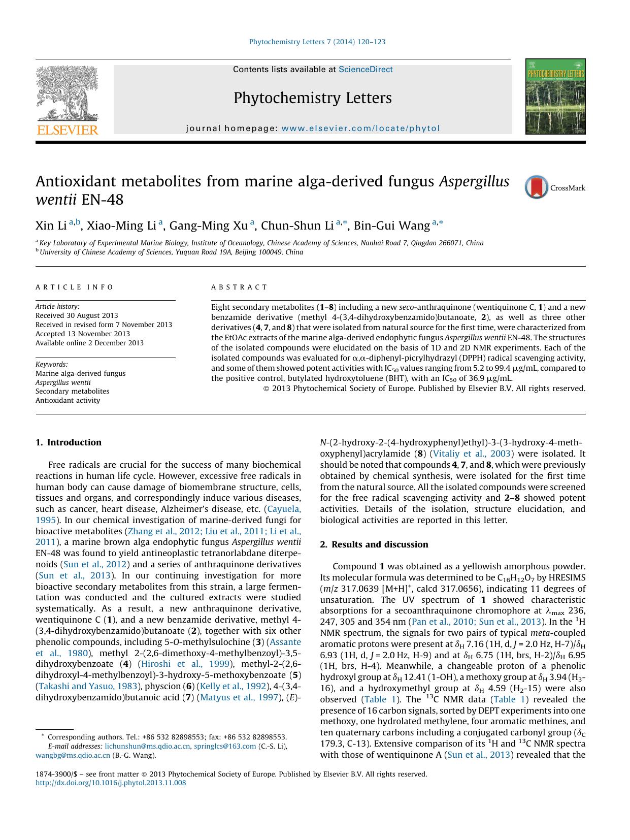 Antioxidant metabolites from marine alga-derived fungus Aspergillus wentii EN-48 by Xin Li & Xiao-Ming Li & Gang-Ming Xu & Chun-Shun Li & Bin-Gui Wang