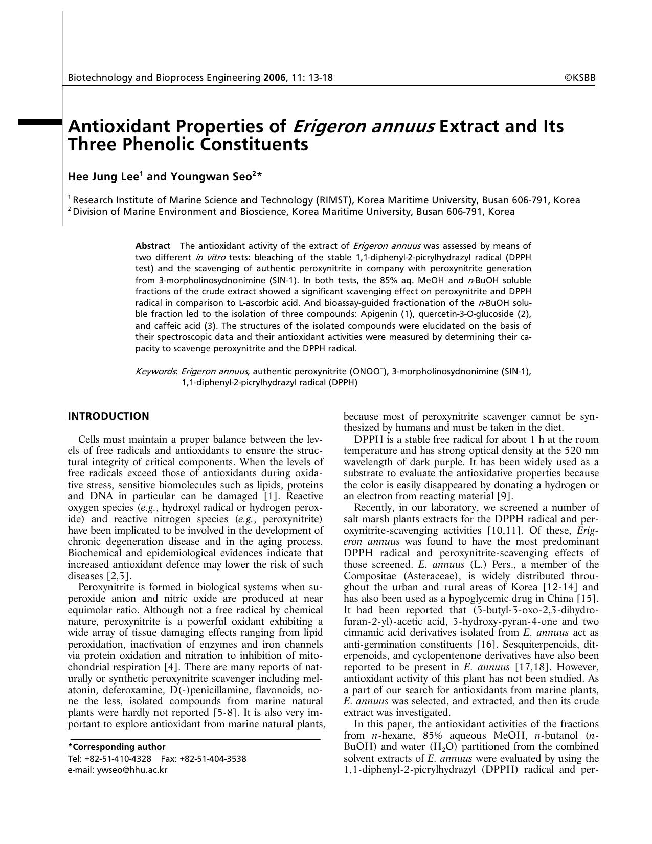 Antioxidant properties of <Emphasis Type="Italic">Erigeron annuus <Emphasis> extract and its three phenolic constituents by Unknown