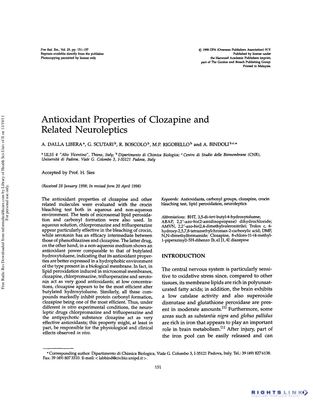 Antioxidant properties of clozapine and related neuroleptics by A. Dalla Libera G. Scutari R. Boscolo M.P. Rigobello & A. Bindoli