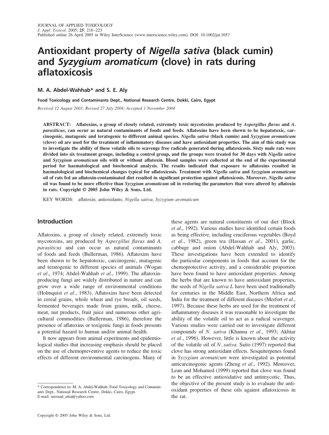 Antioxidant property of Nigella sativa (black cumin) and Syzygium aromaticum (clove) in rats during aflatoxicosis by Fuht