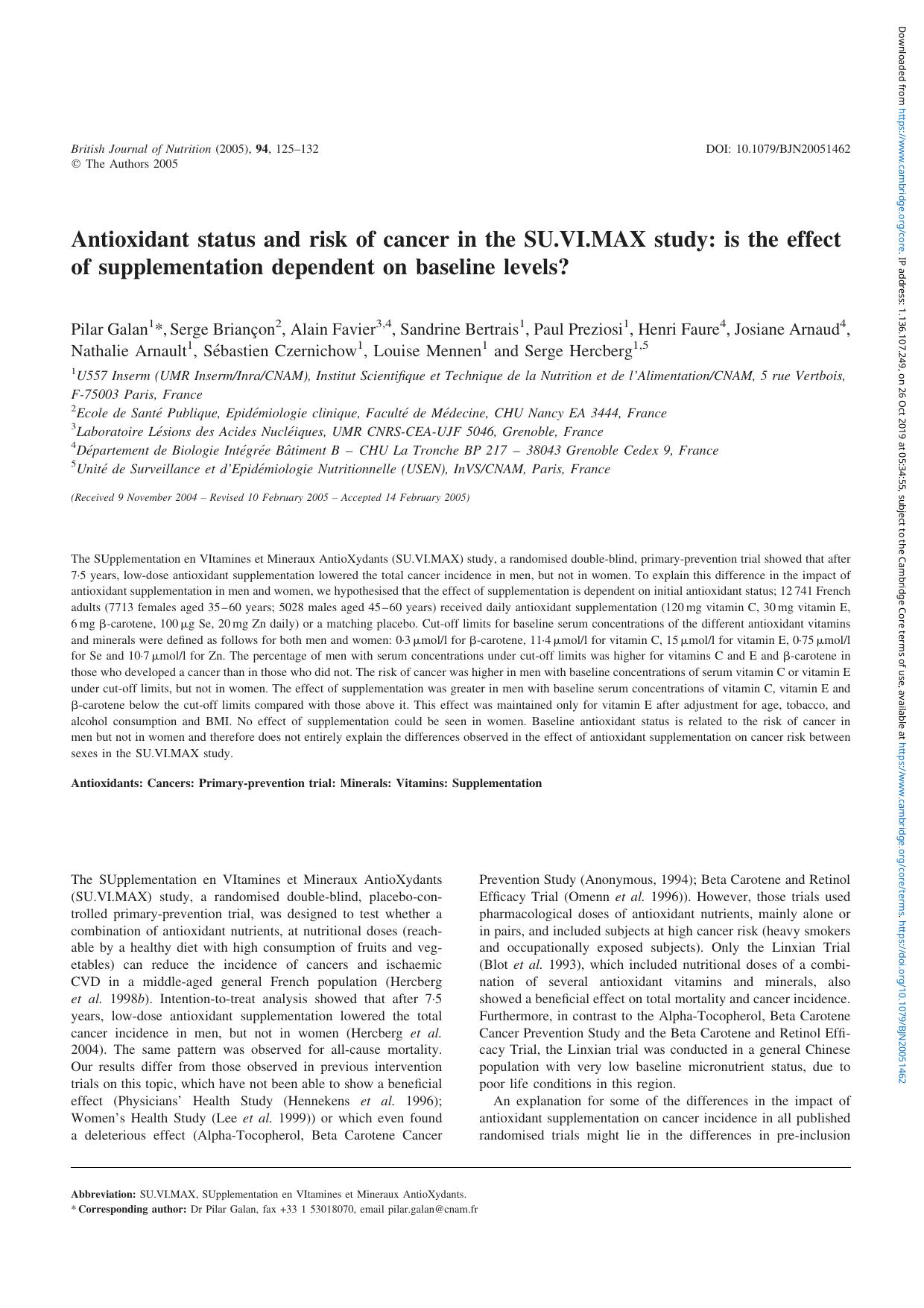 Antioxidant status and risk of cancer in the SU.VI.MAX study: is the effect of supplementation dependent on baseline levels? by unknow