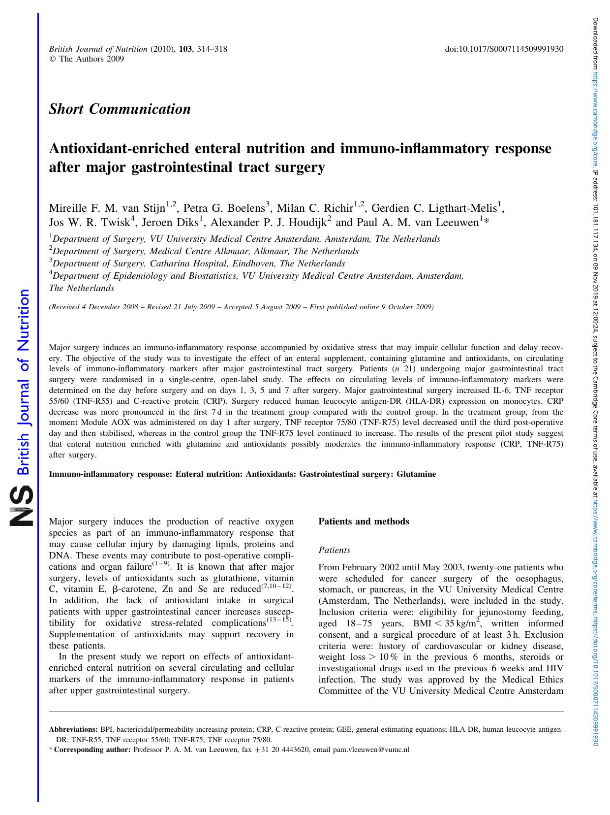 Antioxidant-enriched enteral nutrition and immuno-inflammatory response after major gastrointestinal tract surgery by unknow