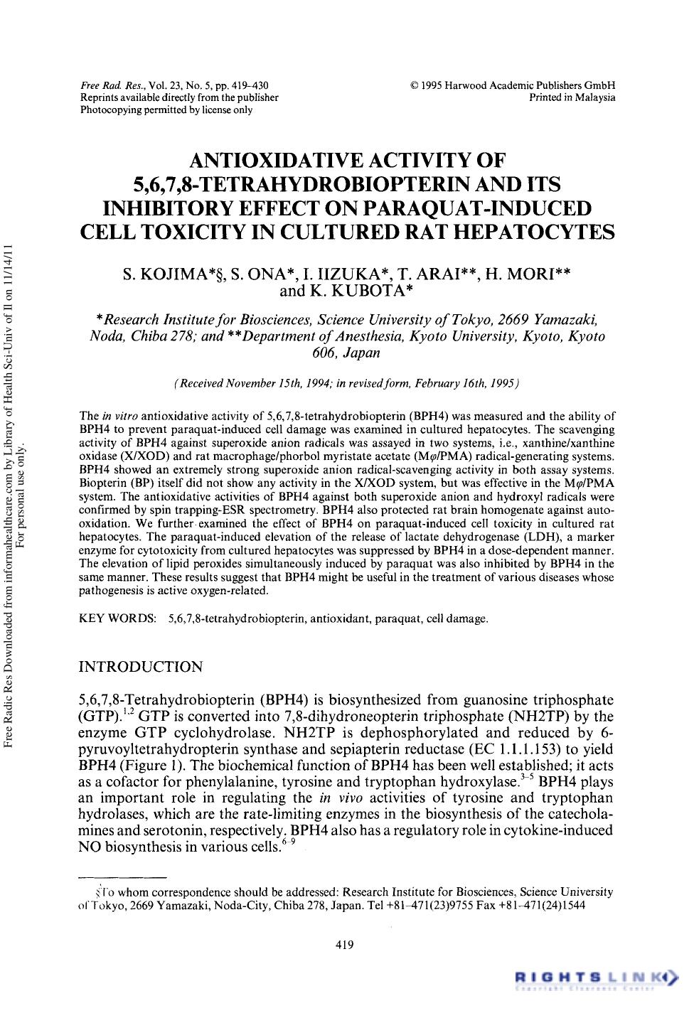 Antioxidative Activity of 5,6,7,8-Tetrahydrobiopterin and its Inhibitory Effect on Paraquat-Induced Cell Toxicity in Cultured Rat Hepatocytes by S. Kojima1† S. Ona1 I. Iizuka1 T. Arai1 2 H. Mori1 2 & K. Kubota1
