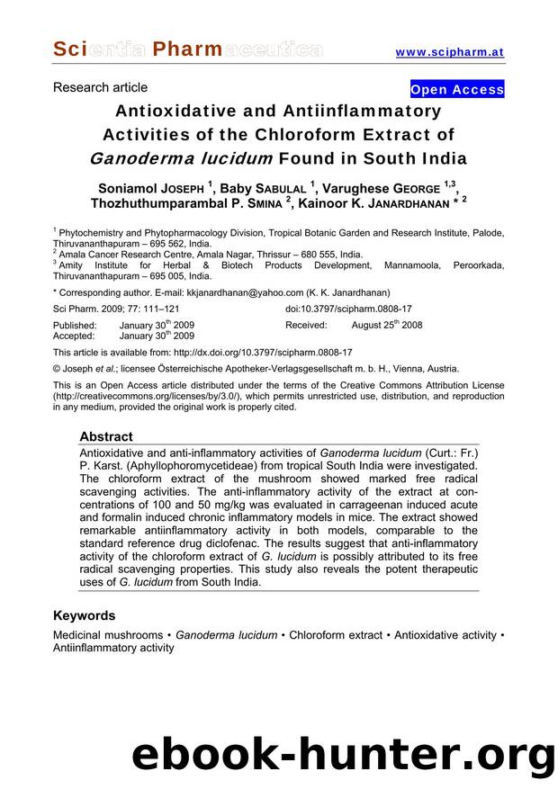 Antioxidative and Antiinflammatory Activities of the Chloroform Extract of Ganoderma lucidum Found in South India by unknow