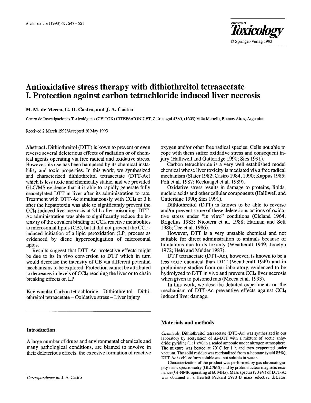 Antioxidative stress therapy with dithiothreitol tetraacetate I. Protection against carbon tetrachloride induced liver necrosis by Unknown