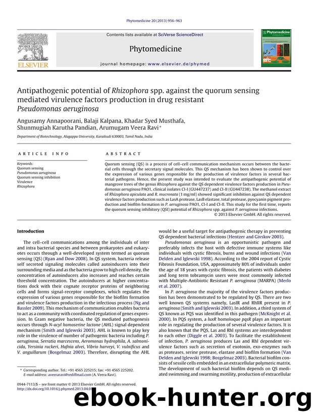 Antipathogenic potential of Rhizophora spp. against the quorum sensing mediated virulence factors production in drug resistant Pseudomonas aeruginosa by Angusamy Annapoorani