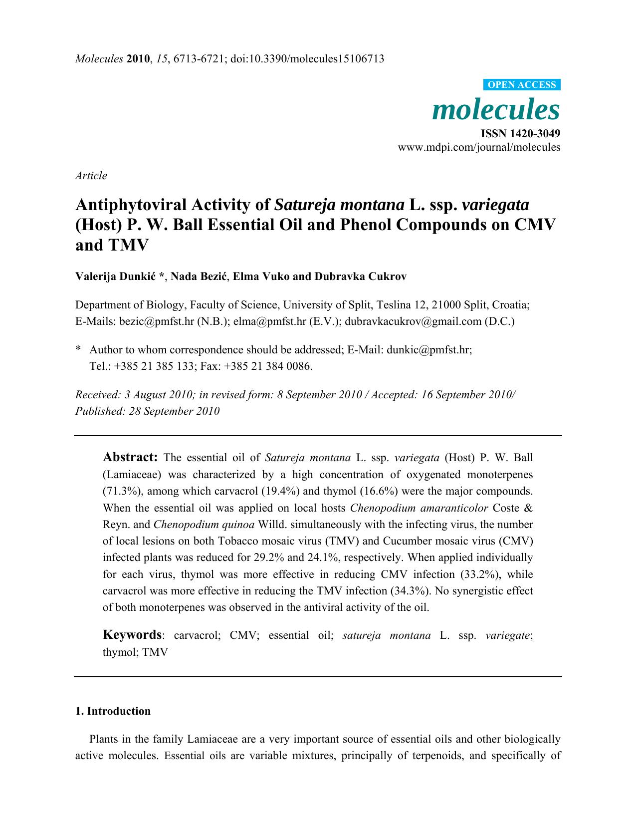 Antiphytoviral Activity of Satureja montana L. ssp. variegata (Host) P. W. Ball Essential Oil and Phenol Compounds on CMV and TMV by Valerija Dunkić & Nada Bezić & Elma Vuko & Dubravka Cukrov