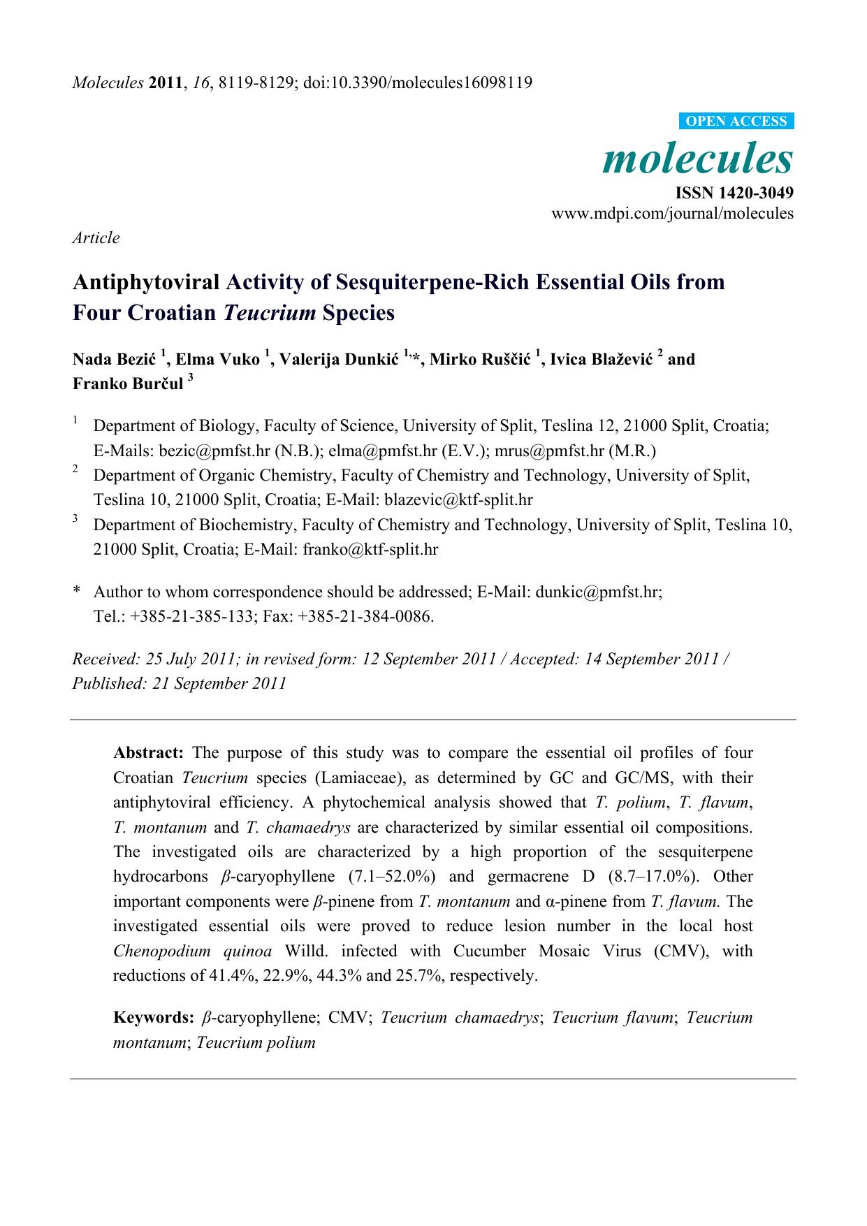 Antiphytoviral Activity of Sesquiterpene-Rich Essential Oils from Four Croatian Teucrium Species by Nada Bezić & Elma Vuko & Valerija Dunkić & Mirko Ruščić & Ivica Blažević & Franko Burčul